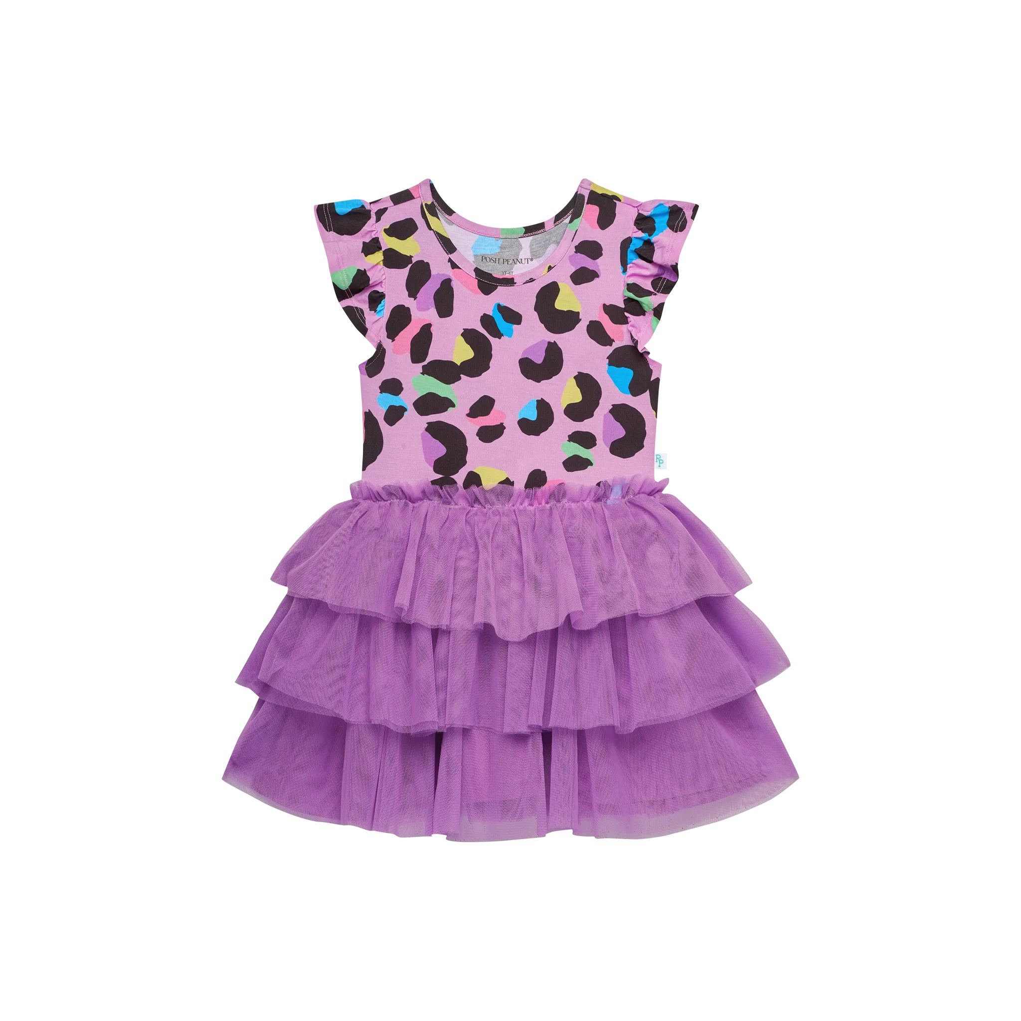 Posh Peanut Ruffled Cap Sleeve Girls Tulle Dress in Electric Leopard