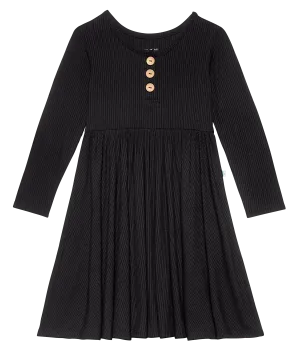Posh Peanut Solid Ribbed Black L/S Twirl Dress