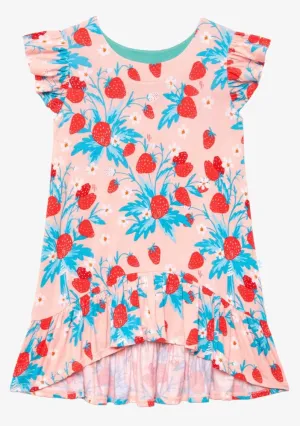 Posh Peanut Strawberry Basic Ruffled Capsleeve Hi Low Dress