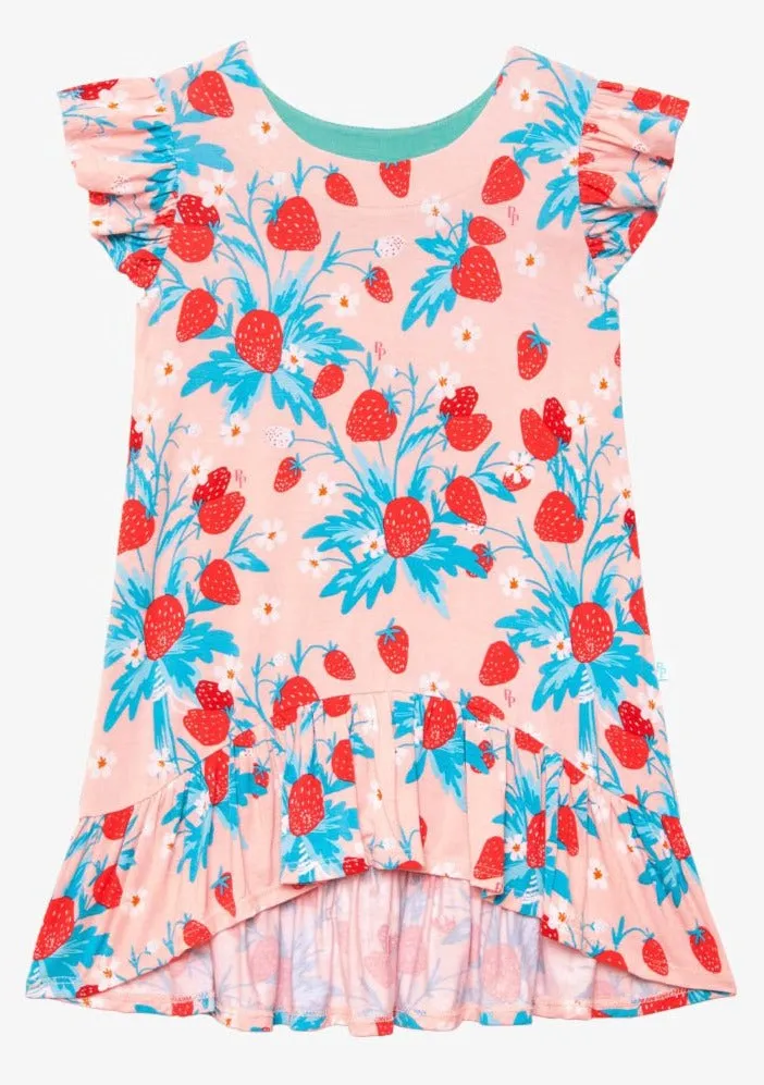 Posh Peanut Strawberry Basic Ruffled Capsleeve Hi Low Dress