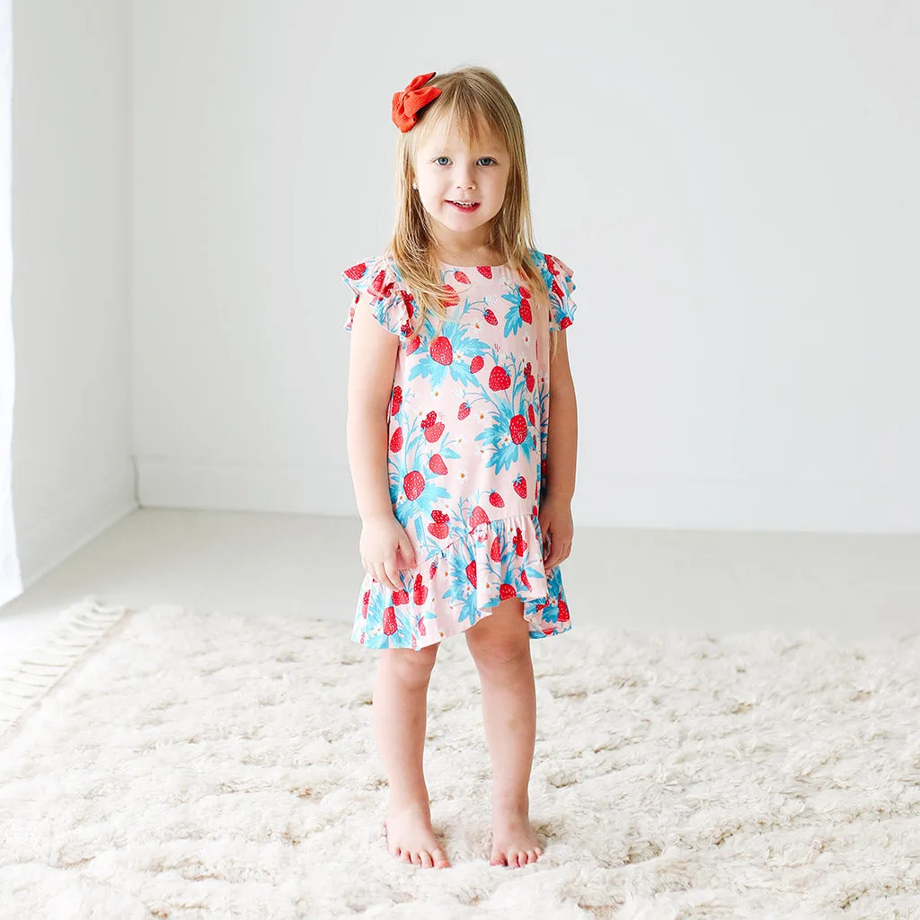 Posh Peanut Strawberry Basic Ruffled Capsleeve Hi Low Dress