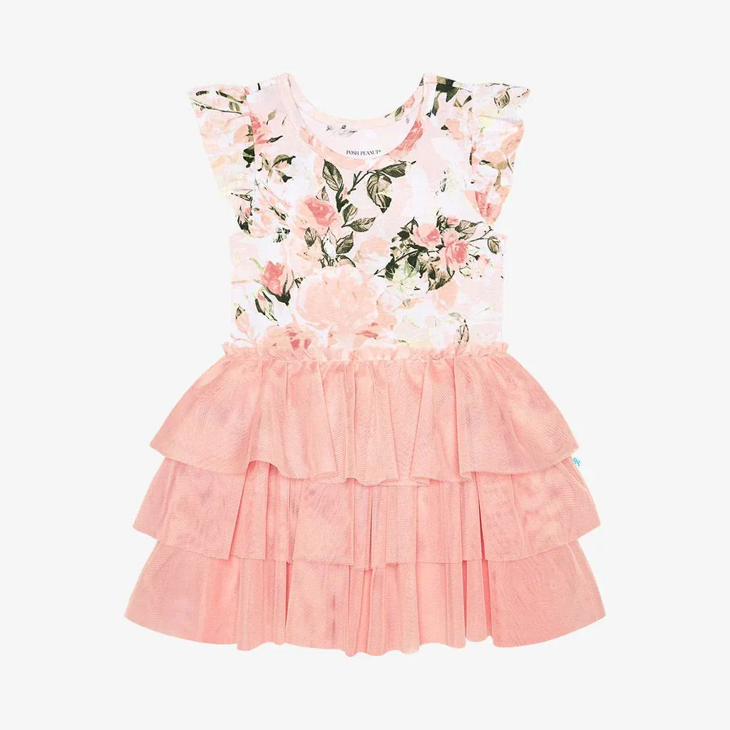 Posh Peanut Vintage Pink Rose Ruffled Cap Sleeve Tulle Dress