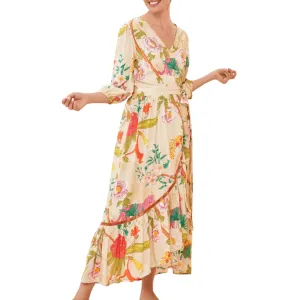 Powder Cream Floral Wrap Dress