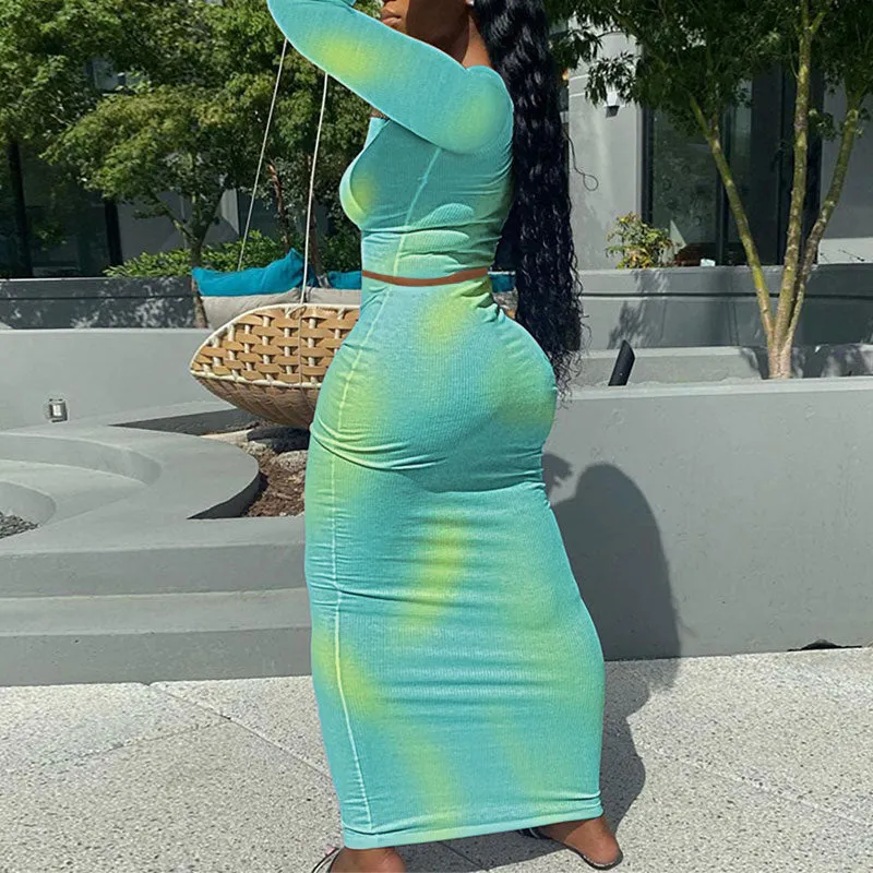 Print U Neck Long Sleeve Top & Skirt Set