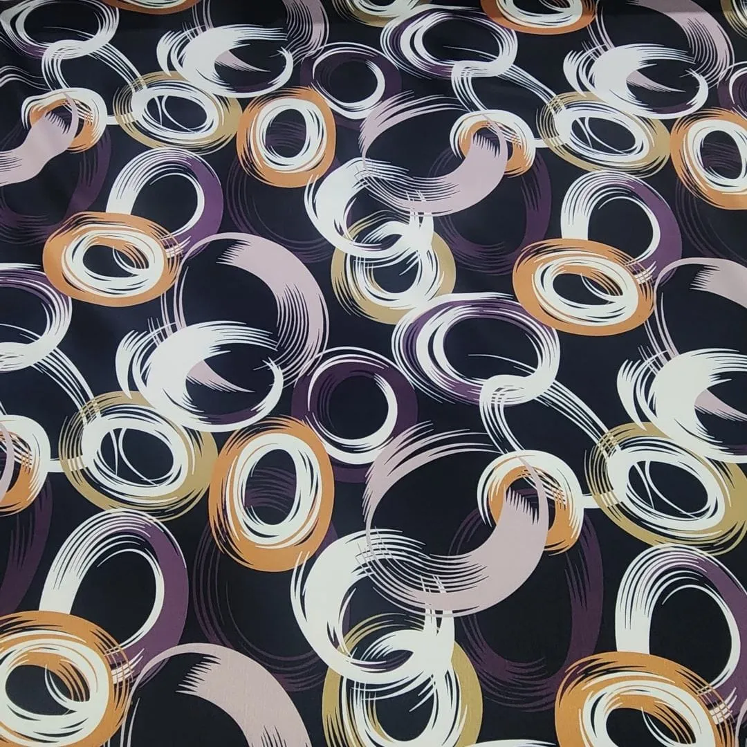 Printed Milano Satin  Fabric Black/Plum/Orange 150 cm