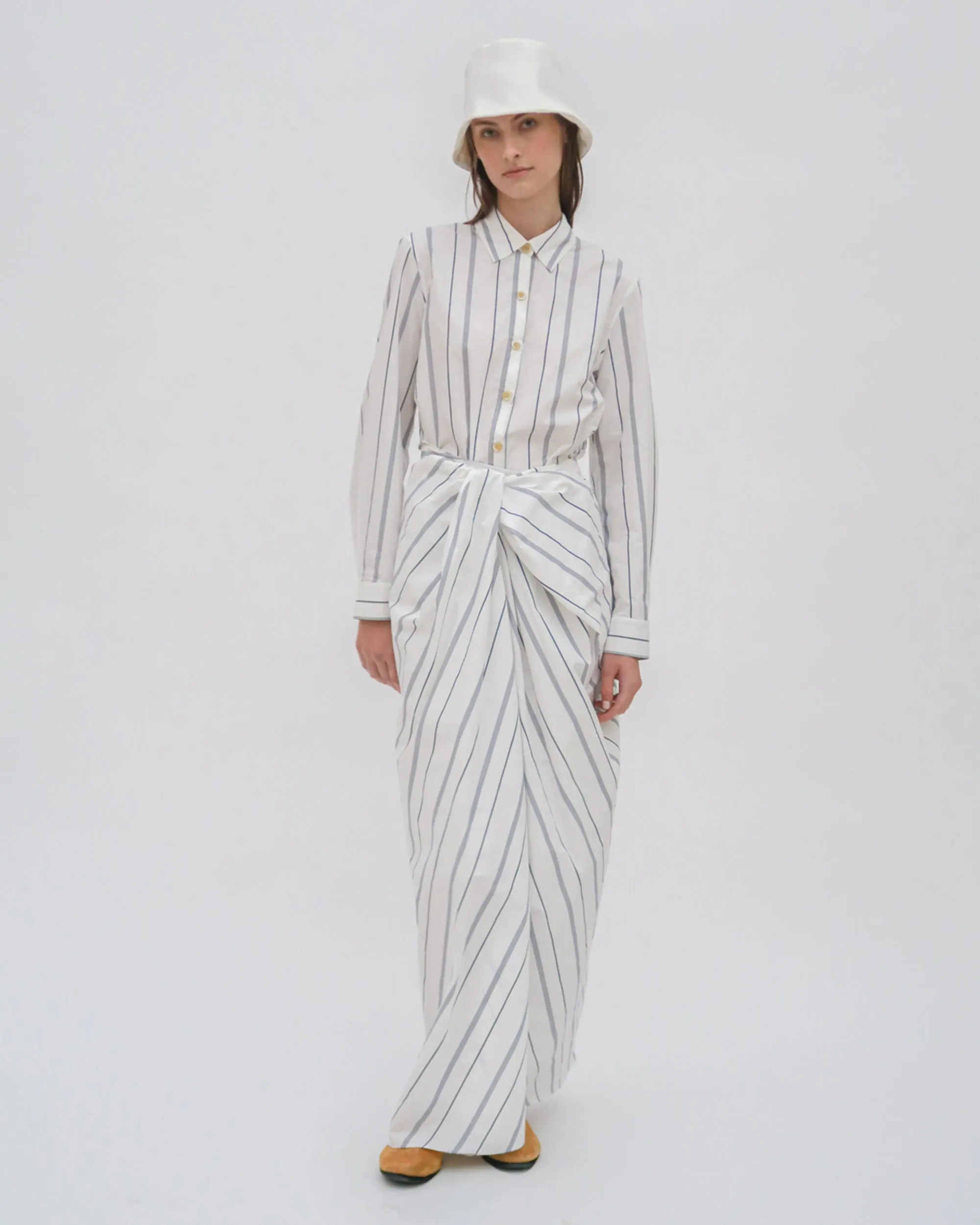 PULL ON TWIST FRONT MAXI SKIRT - WIDE STRIPE COTTO