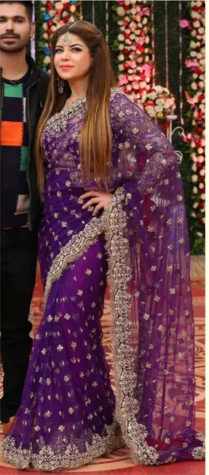 Purple Net Embroidered Saree With Blouse # B1957