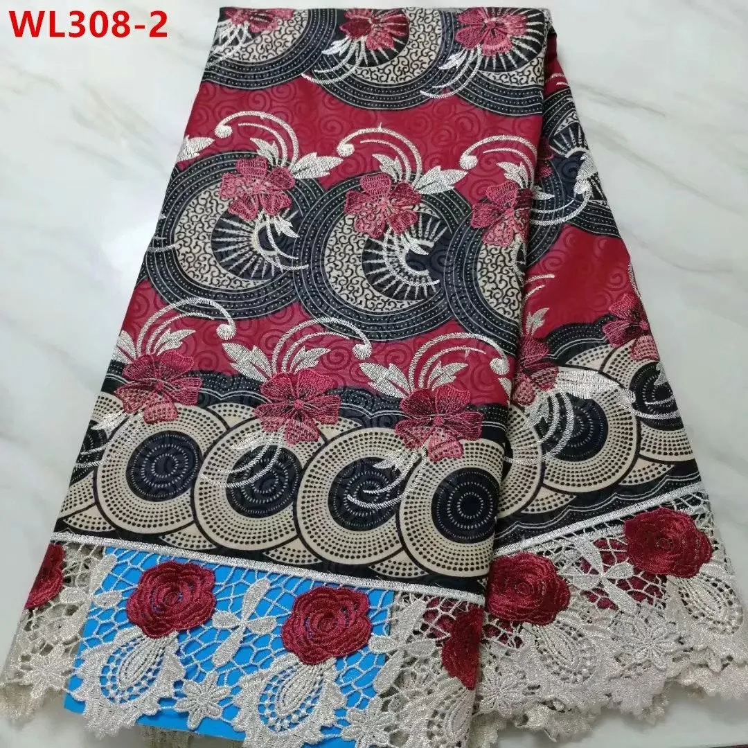 Red Burgundy Cotton Lace Super Wax Embroidered fabric 5 Yards