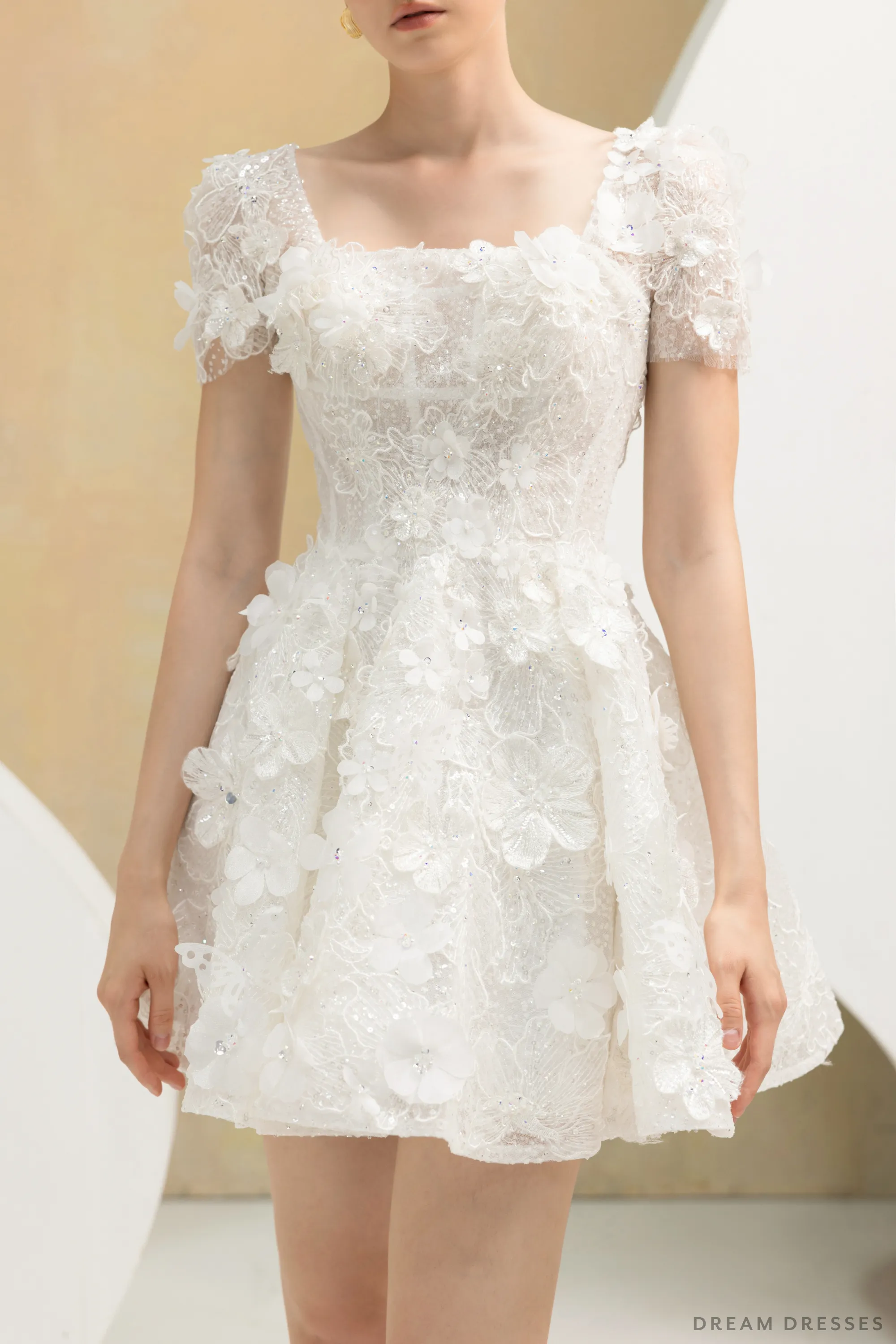 Rehearsal Dinner Mini Dress with 3D Floral Lace (#NALINI)