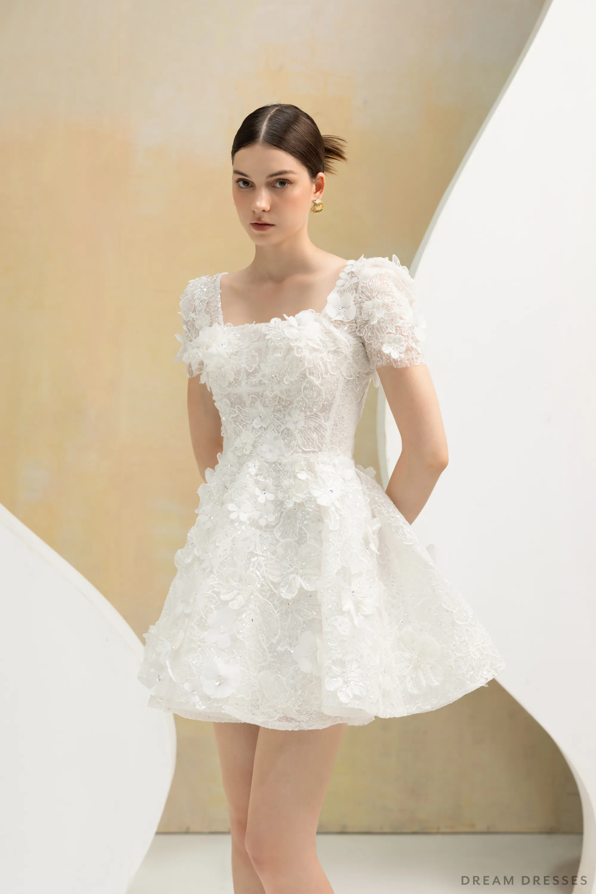 Rehearsal Dinner Mini Dress with 3D Floral Lace (#NALINI)