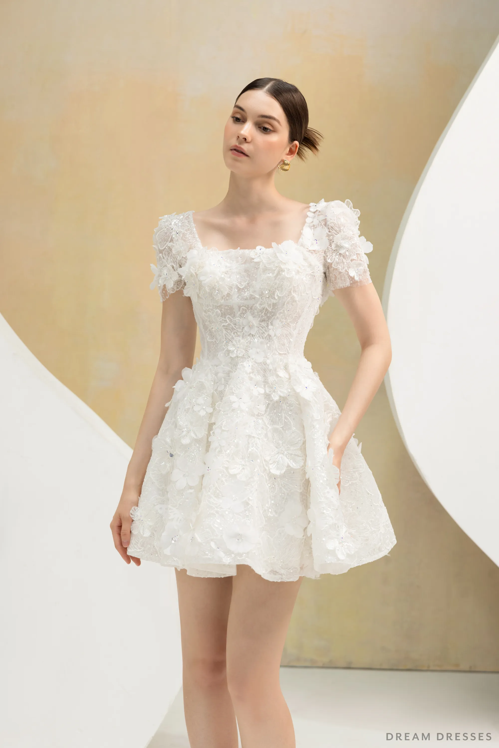 Rehearsal Dinner Mini Dress with 3D Floral Lace (#NALINI)