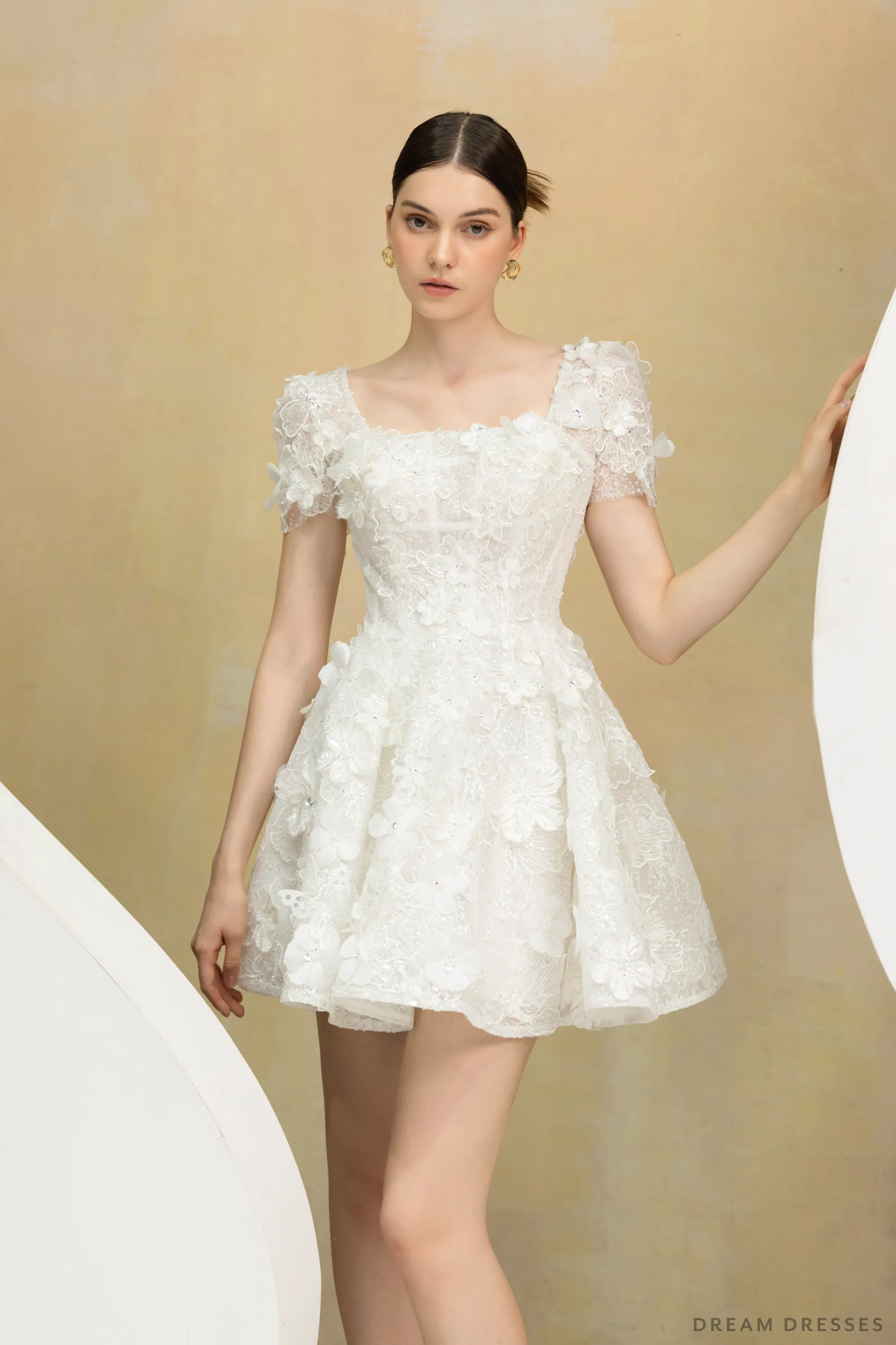 Rehearsal Dinner Mini Dress with 3D Floral Lace (#NALINI)