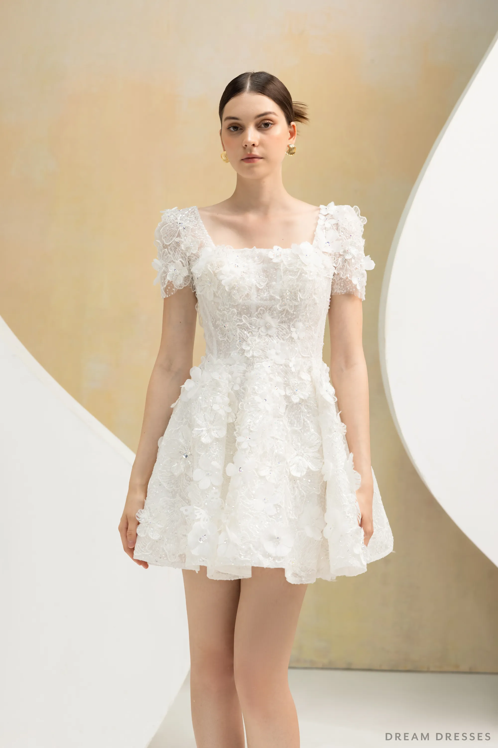Rehearsal Dinner Mini Dress with 3D Floral Lace (#NALINI)
