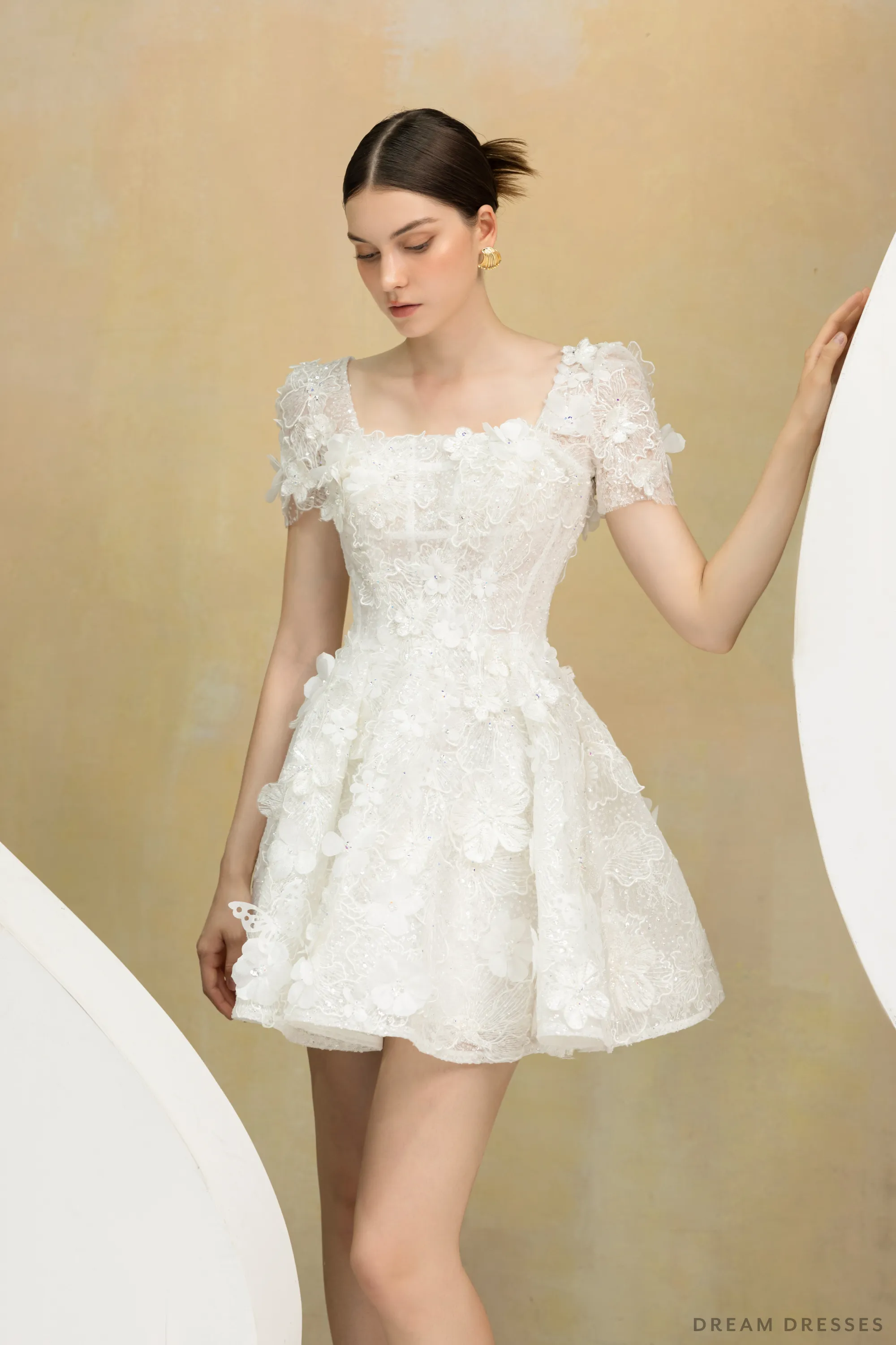 Rehearsal Dinner Mini Dress with 3D Floral Lace (#NALINI)