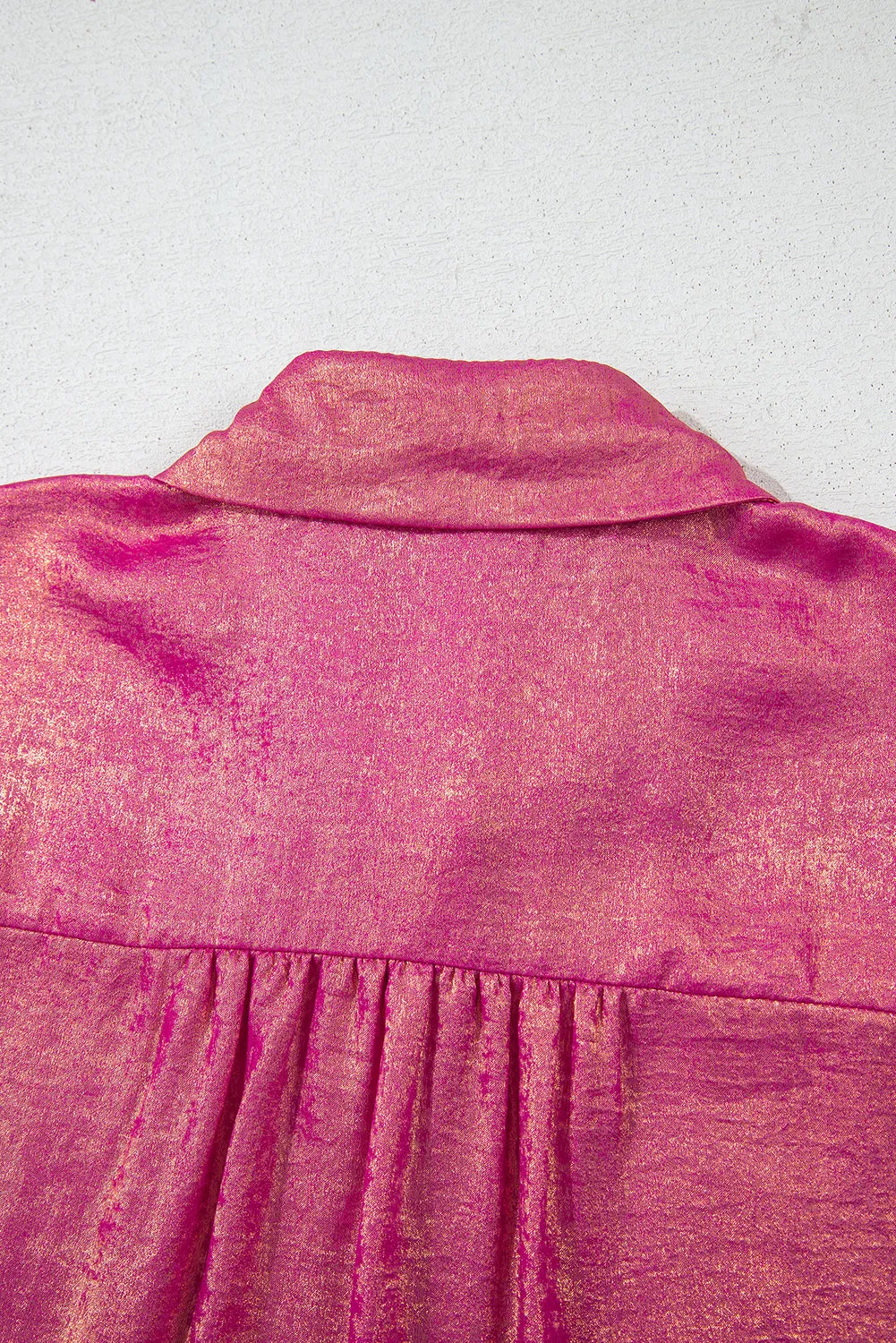 Rose Red Metallic Sheen Short Sleeve Buttoned Front Casual Shirt