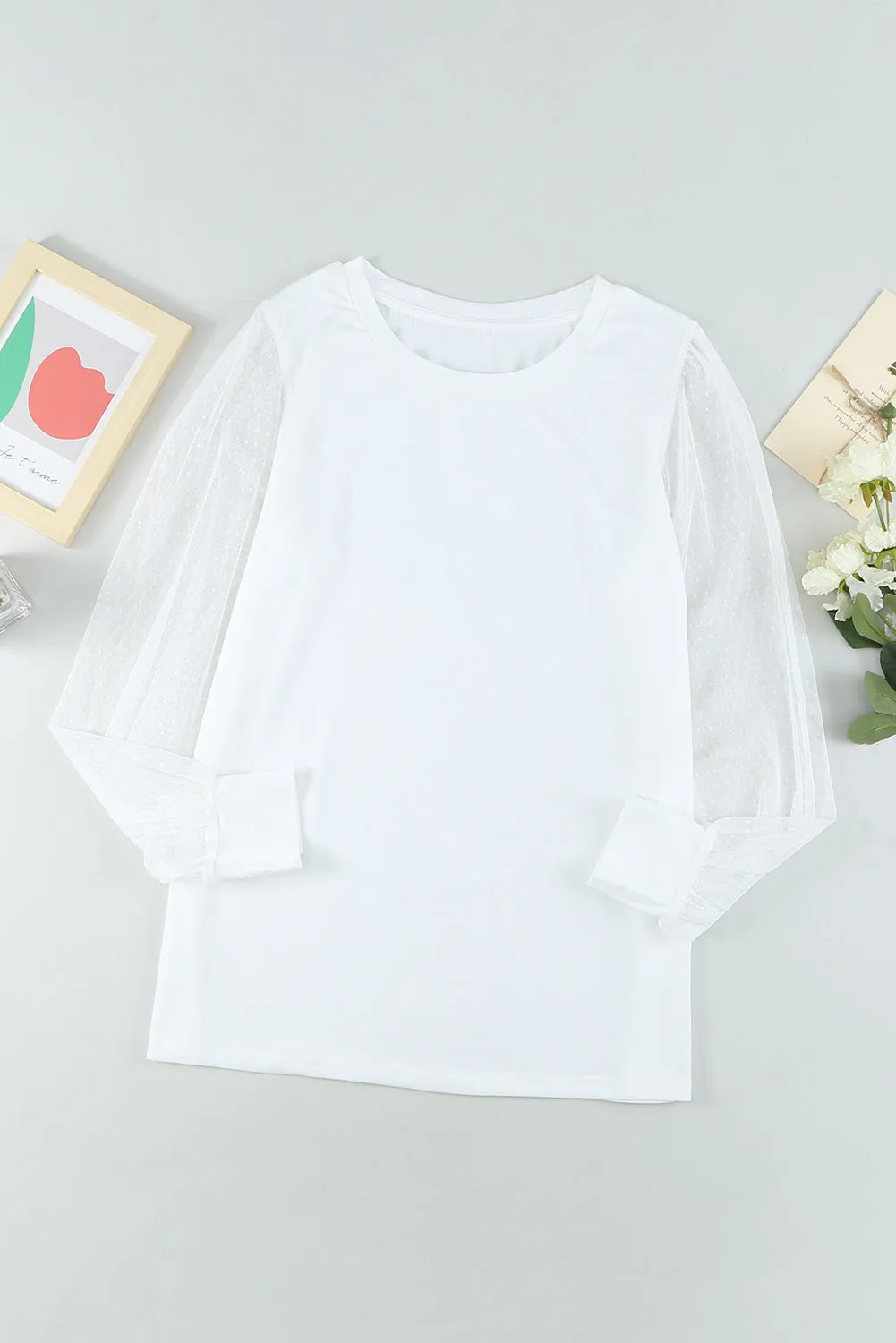 Round Neck Dotted Lantern Sleeve Top