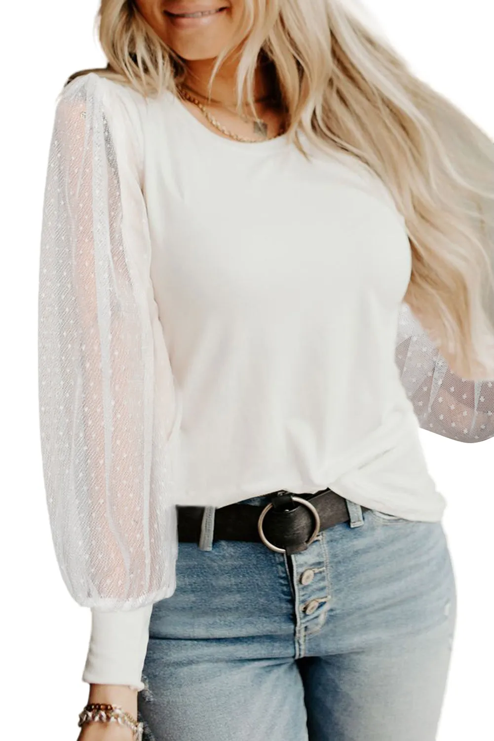 Round Neck Dotted Lantern Sleeve Top
