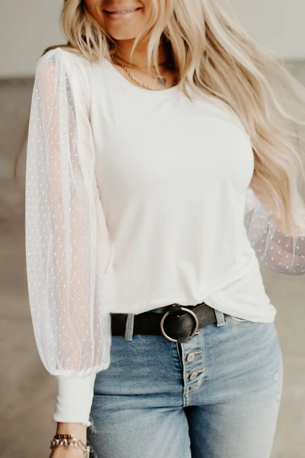 Round Neck Dotted Lantern Sleeve Top