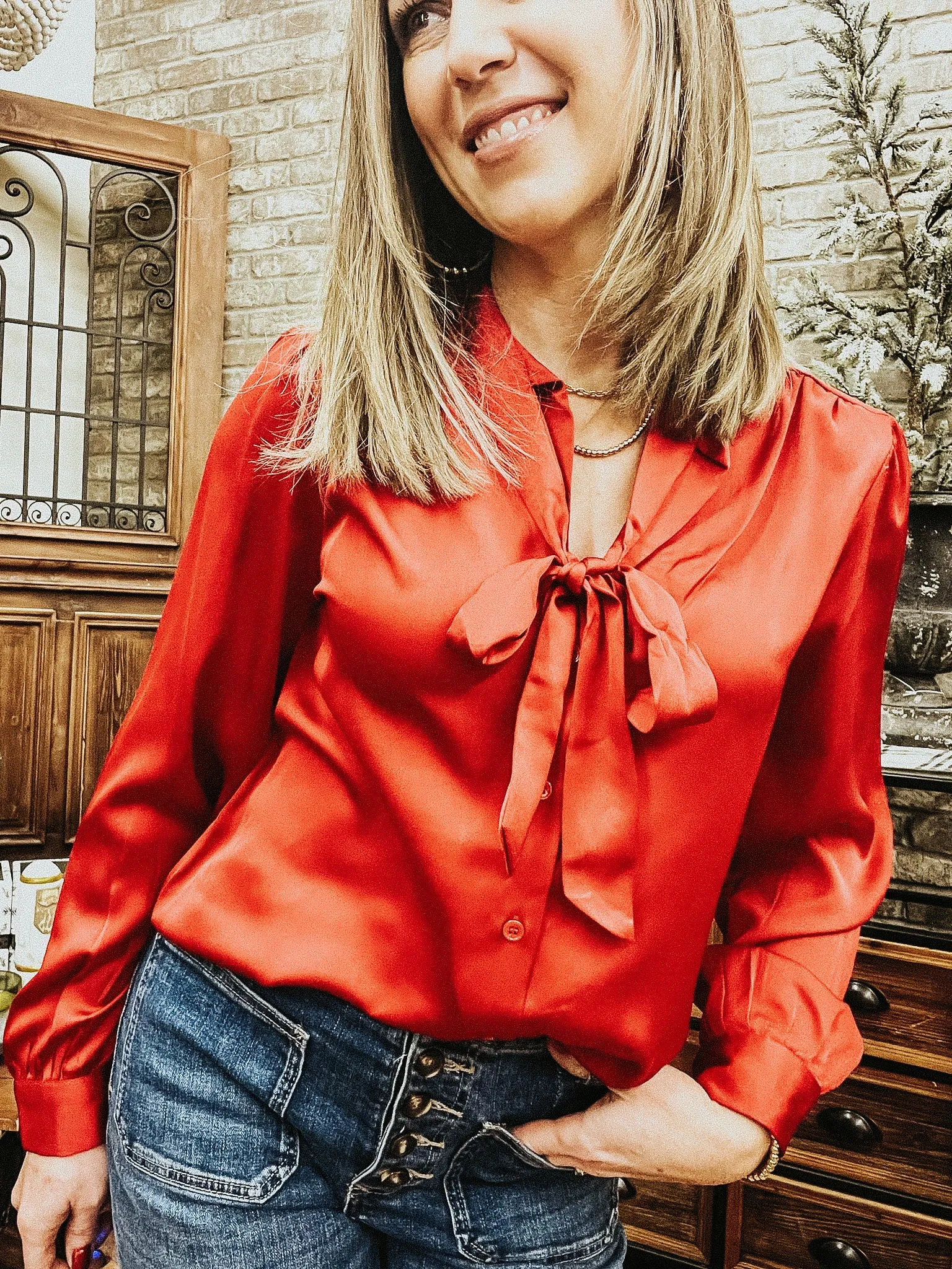 Ruby Red Tie Neck Blouse