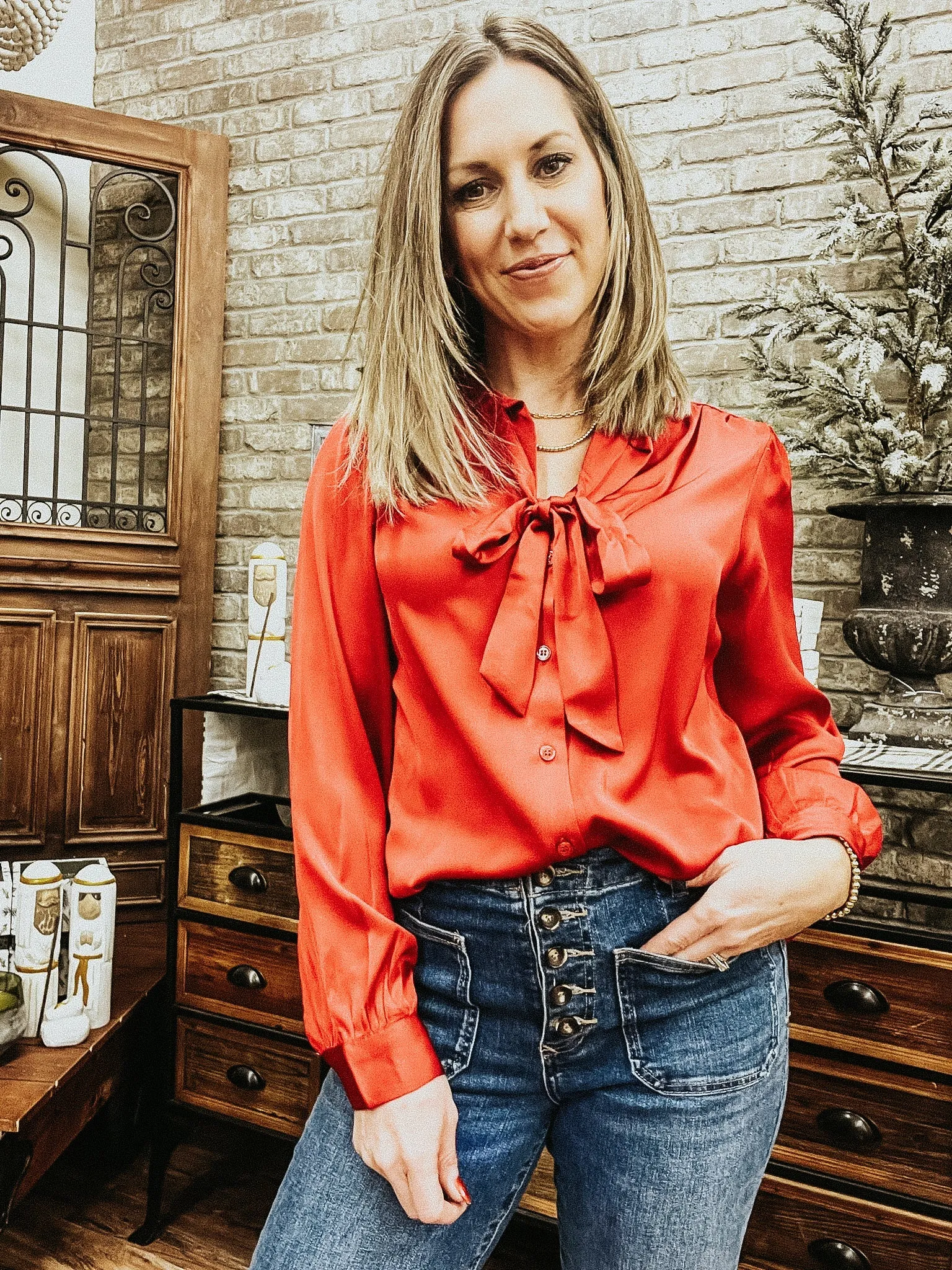 Ruby Red Tie Neck Blouse