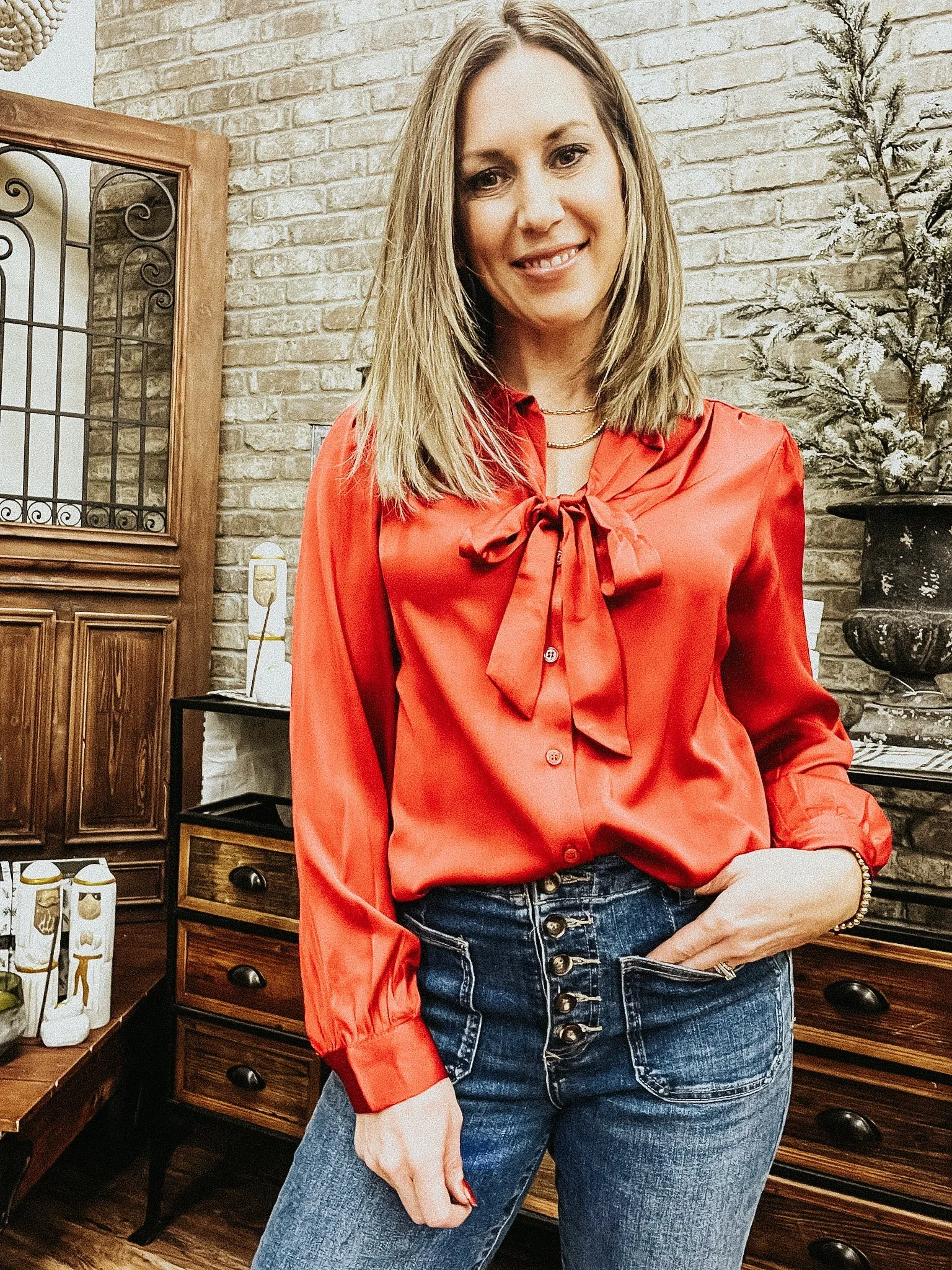 Ruby Red Tie Neck Blouse