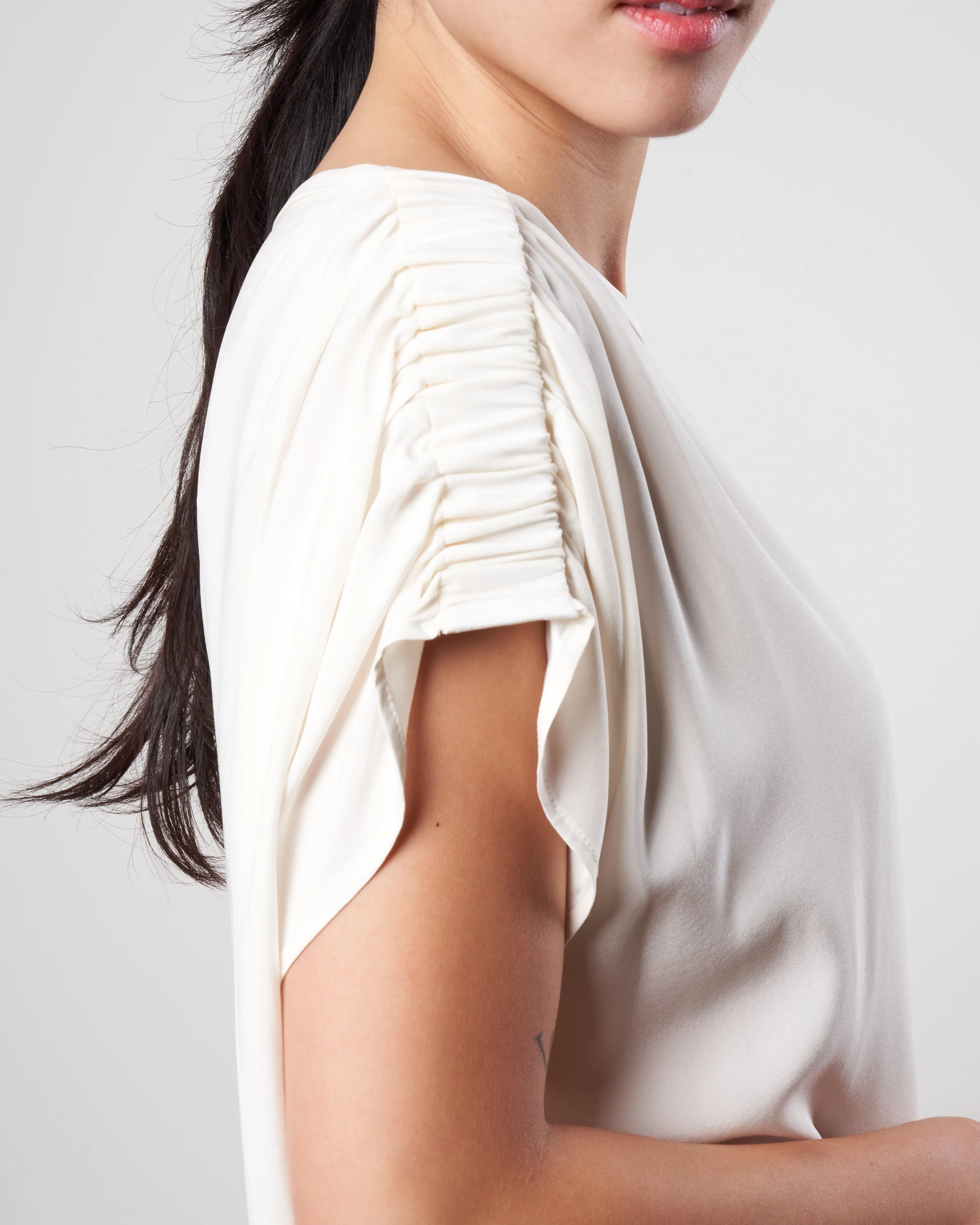 ruched muscle tunic - white silk charmeuse