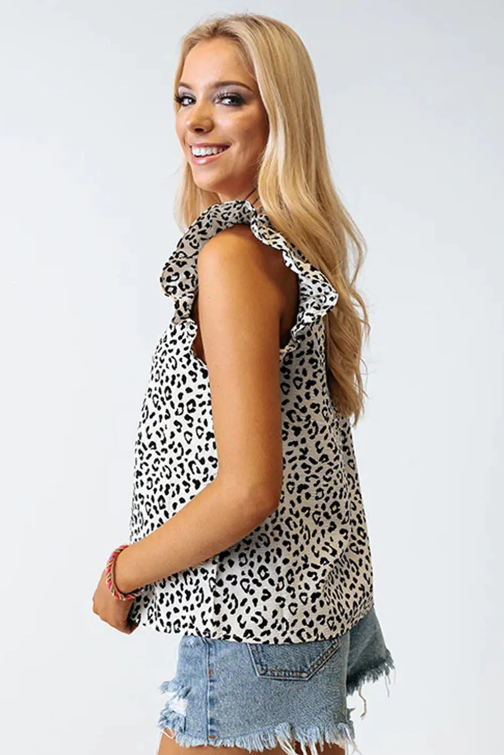 Ruffle Shoulder Embellished V-neck Sleeveless Top