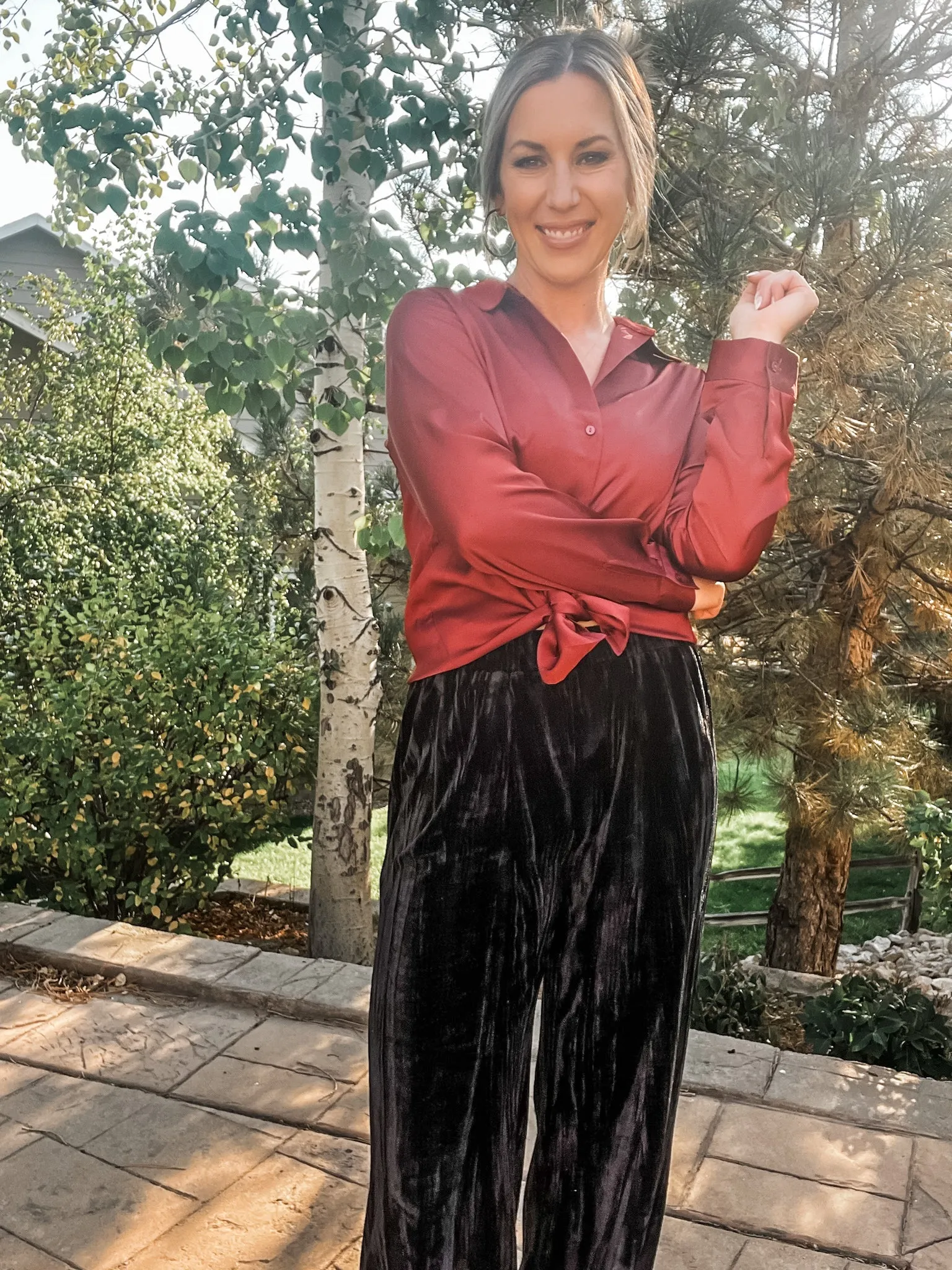 Rust Recycled Button Down Satin Blouse