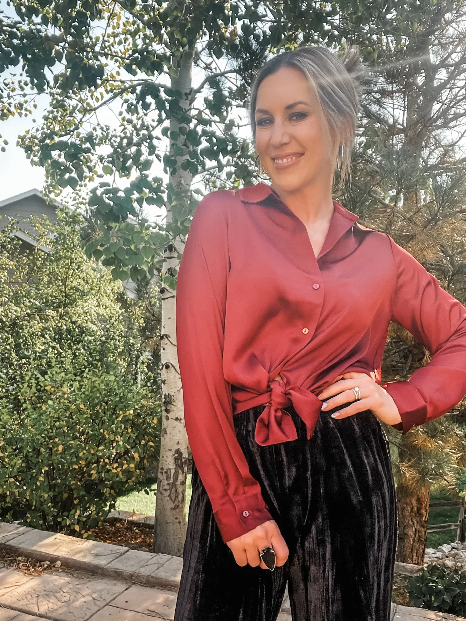 Rust Recycled Button Down Satin Blouse