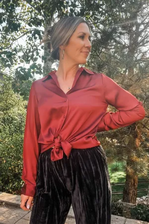 Rust Recycled Button Down Satin Blouse
