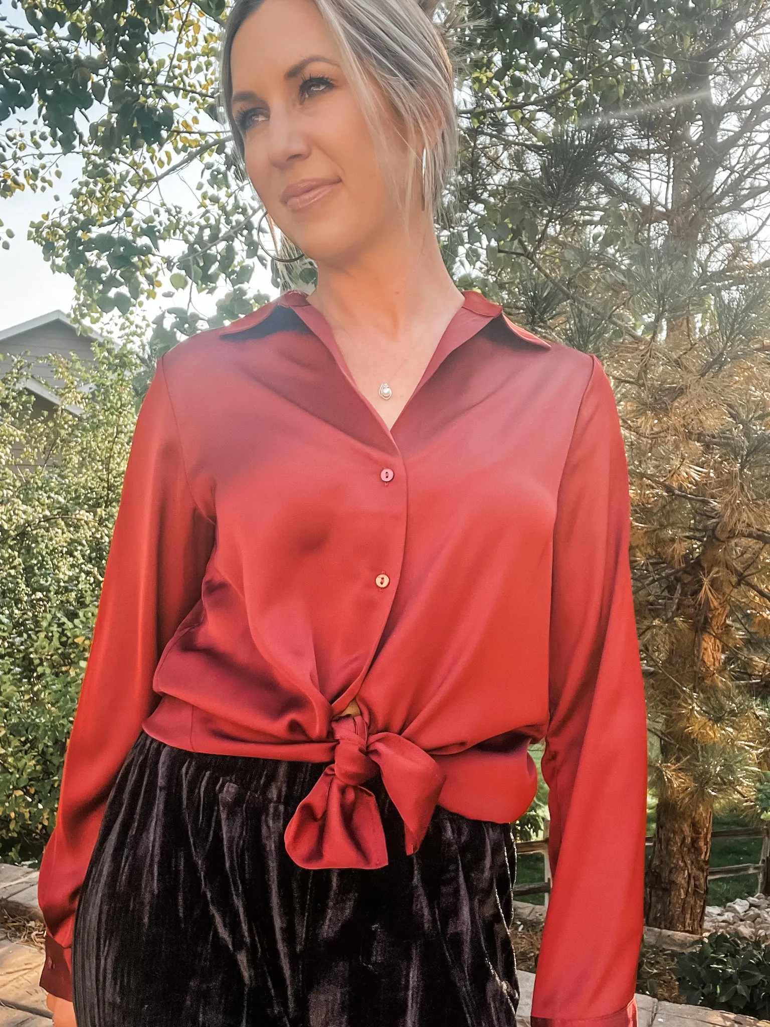 Rust Recycled Button Down Satin Blouse