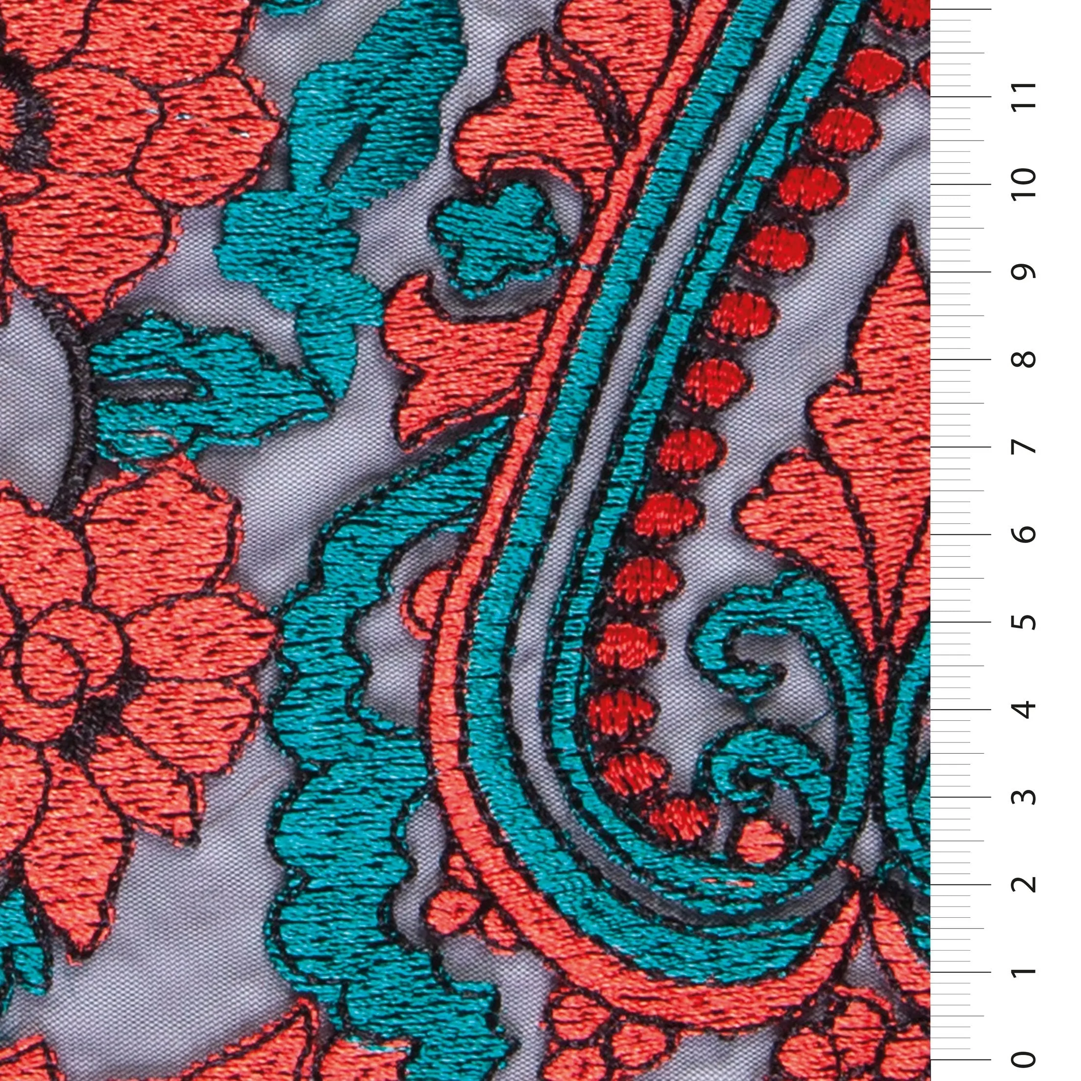 Scalloped Ribbon Flower Design Colored Thread Embroidery Fabric