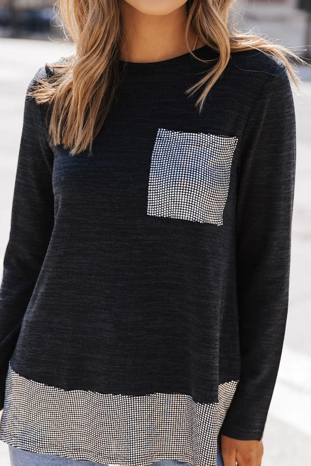 Sequin Patch Pocket Ruffle Hem Top