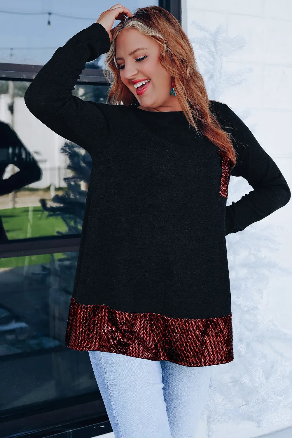 Sequin Patch Pocket Ruffle Hem Top