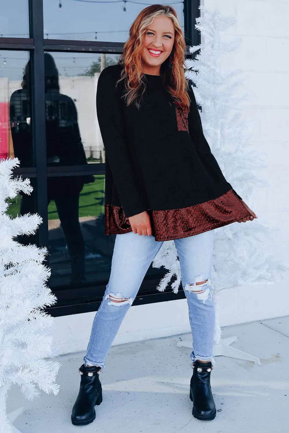 Sequin Patch Pocket Ruffle Hem Top
