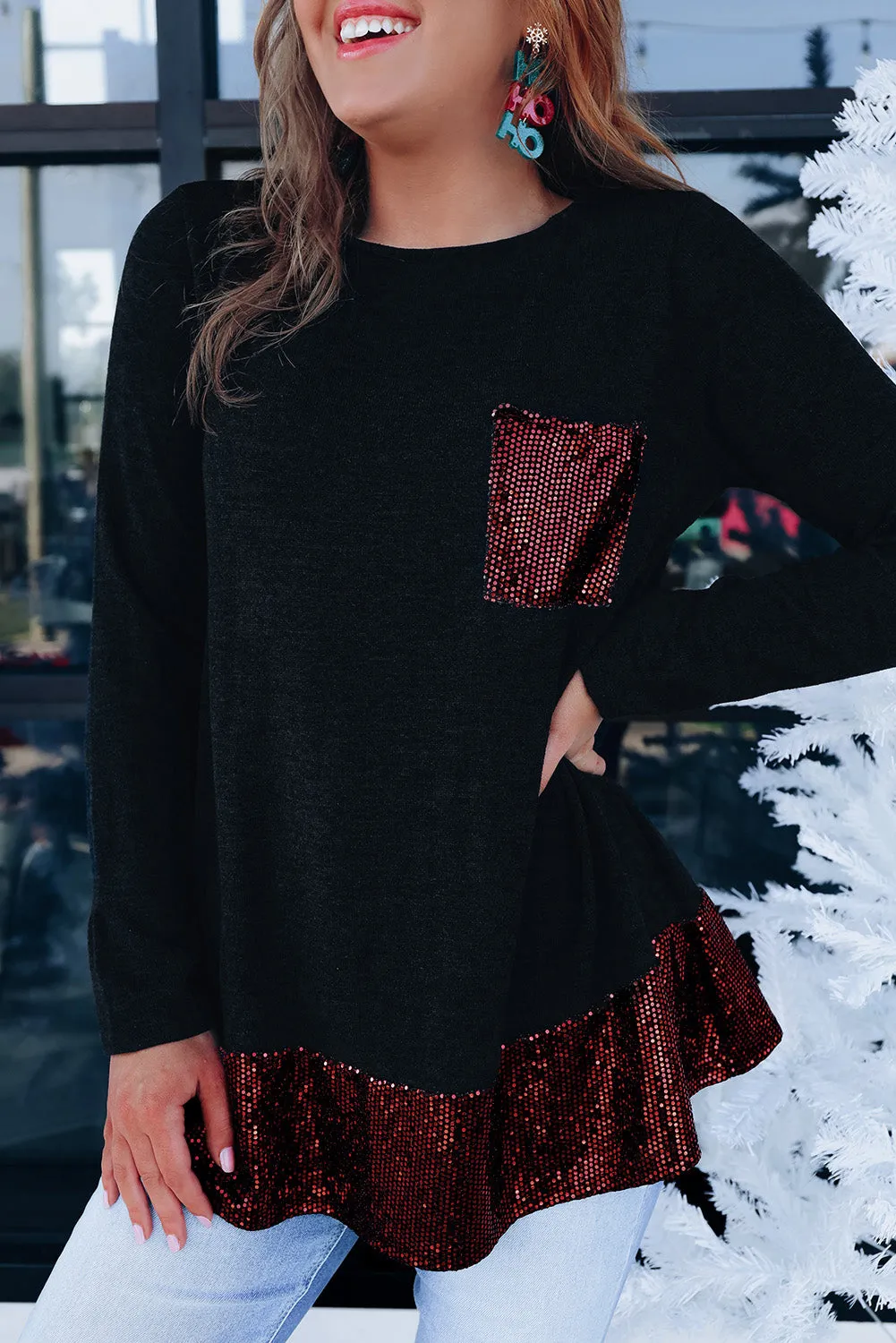 Sequin Patch Pocket Ruffle Hem Top