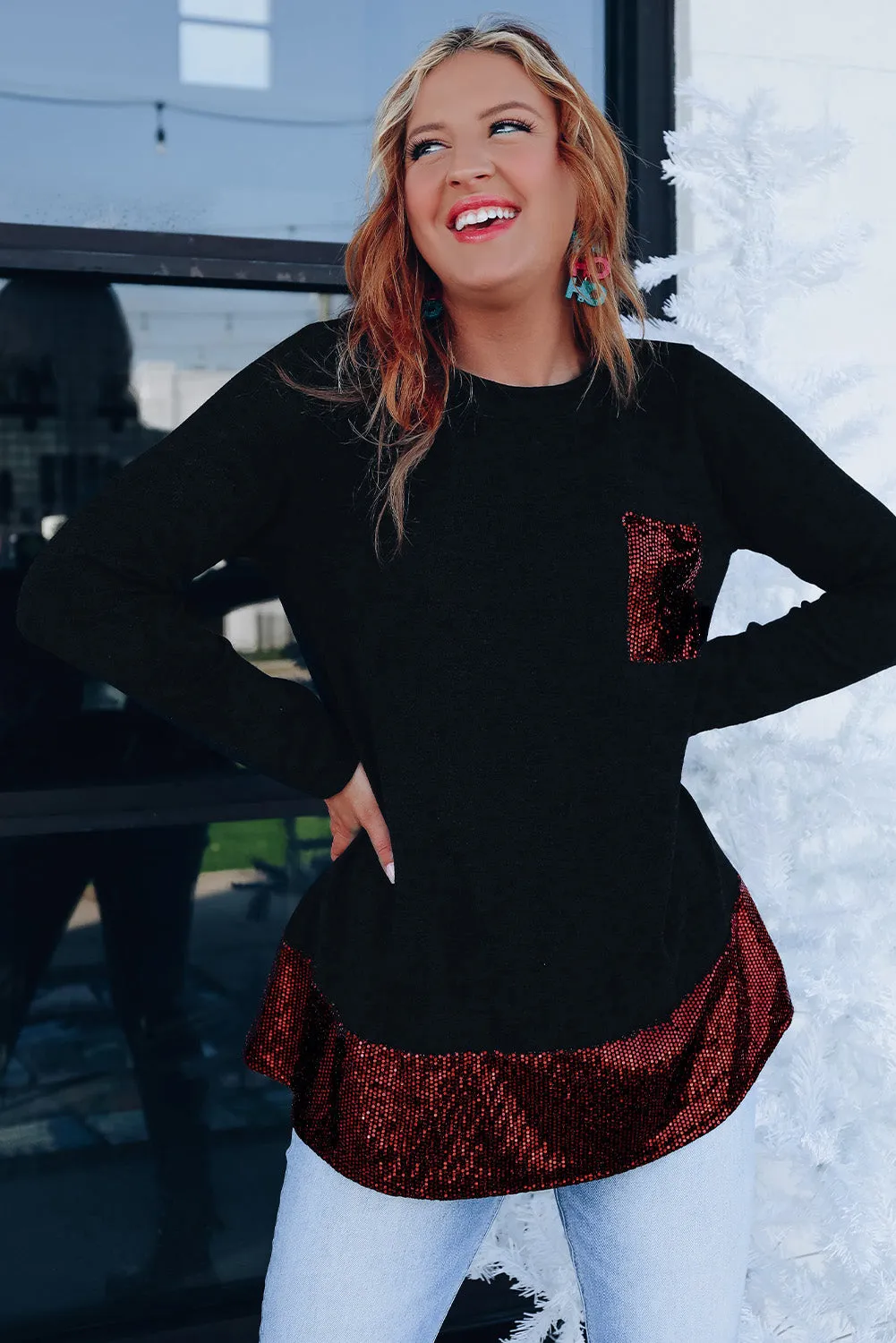 Sequin Patch Pocket Ruffle Hem Top
