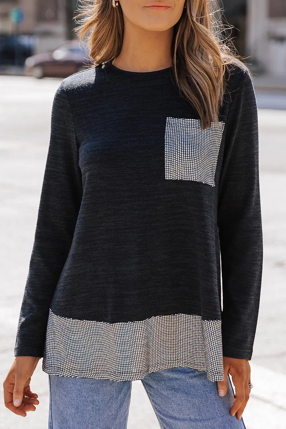 Sequin Patch Pocket Ruffle Hem Top