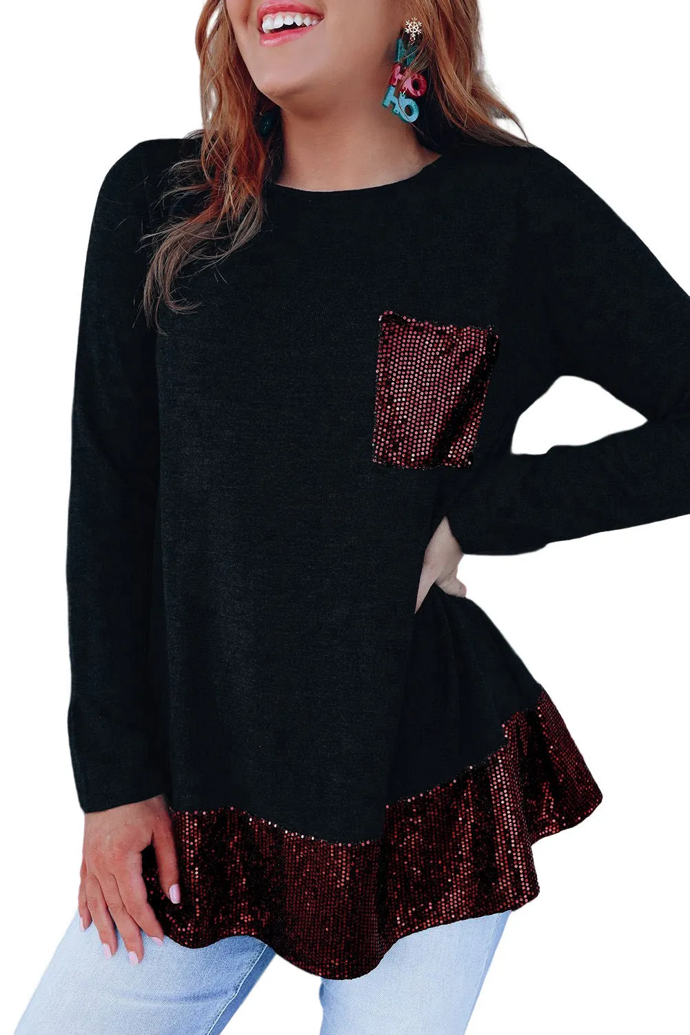 Sequin Patch Pocket Ruffle Hem Top