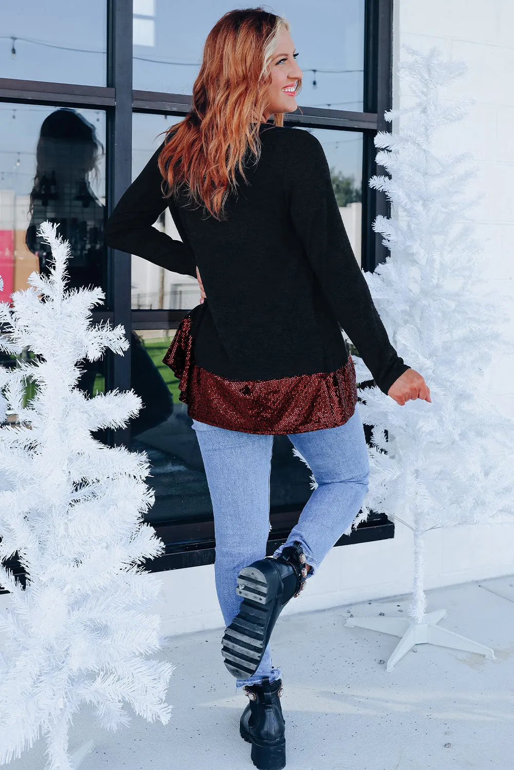 Sequin Patch Pocket Ruffle Hem Top