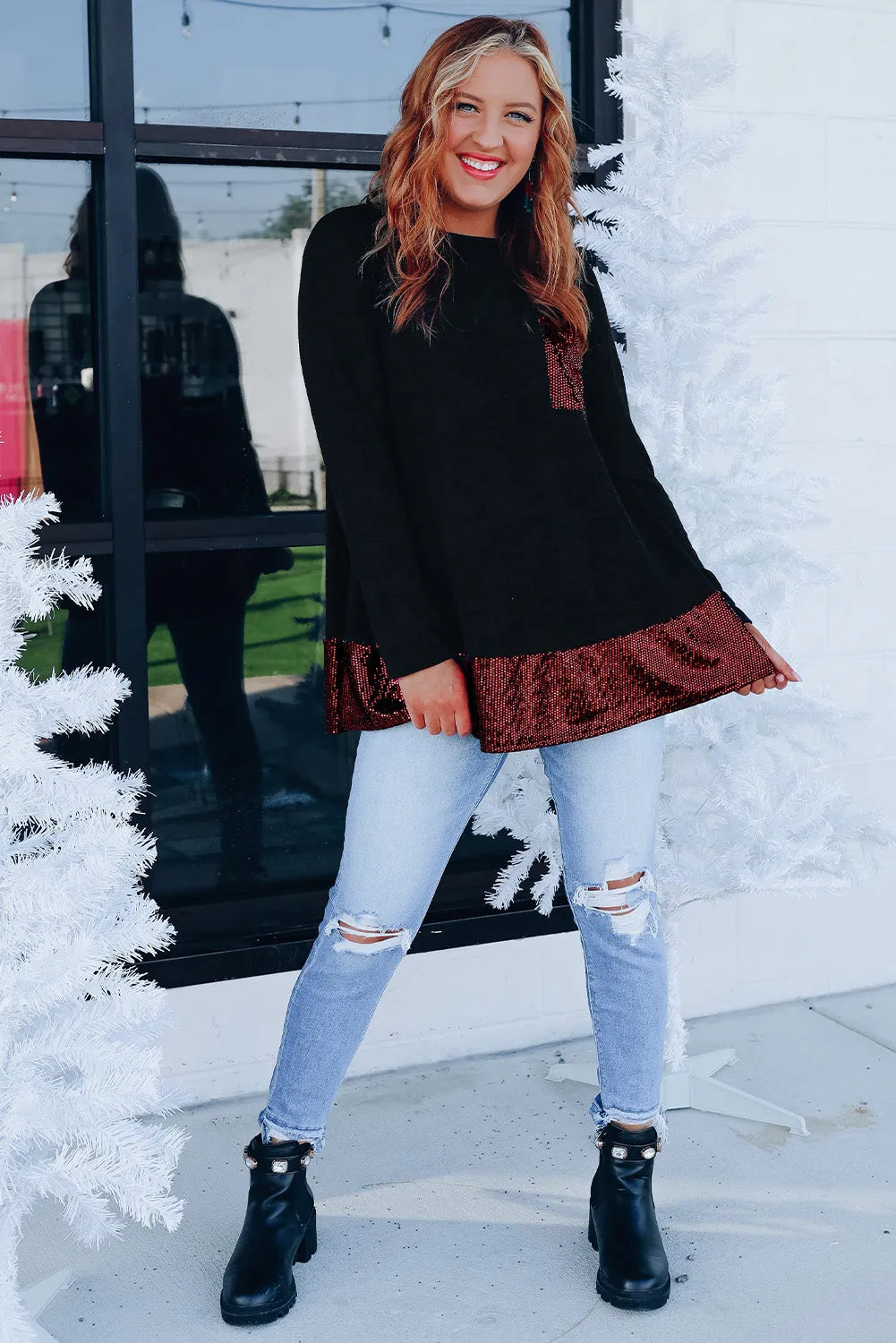 Sequin Patch Pocket Ruffle Hem Top
