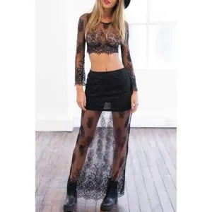Sexy Style Scoop Neck See-Through Lace Crop Top   Long Skirt For Women - Black M