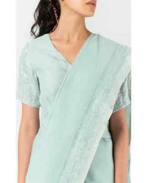 Sky Blue Pure Linen Saree With Embroidery