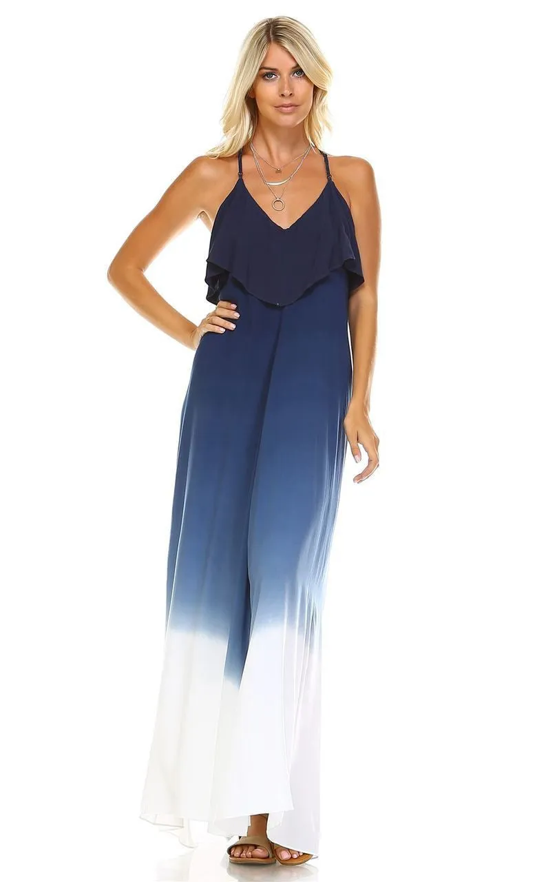 Sleeveless Tie Dye Maxi Dress with Open Back Navy White