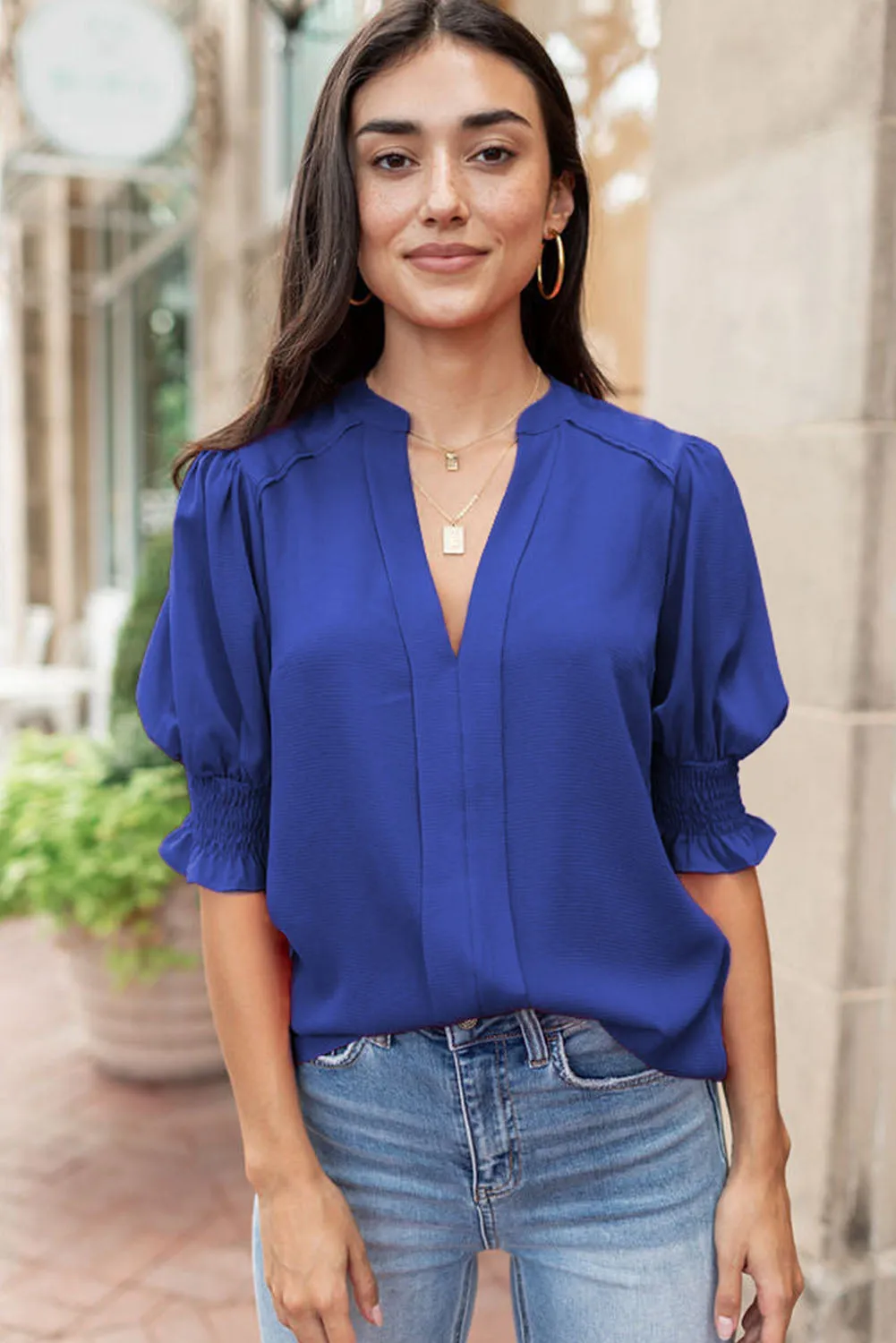 Solid Color Half Sleeve V Neck Blouse