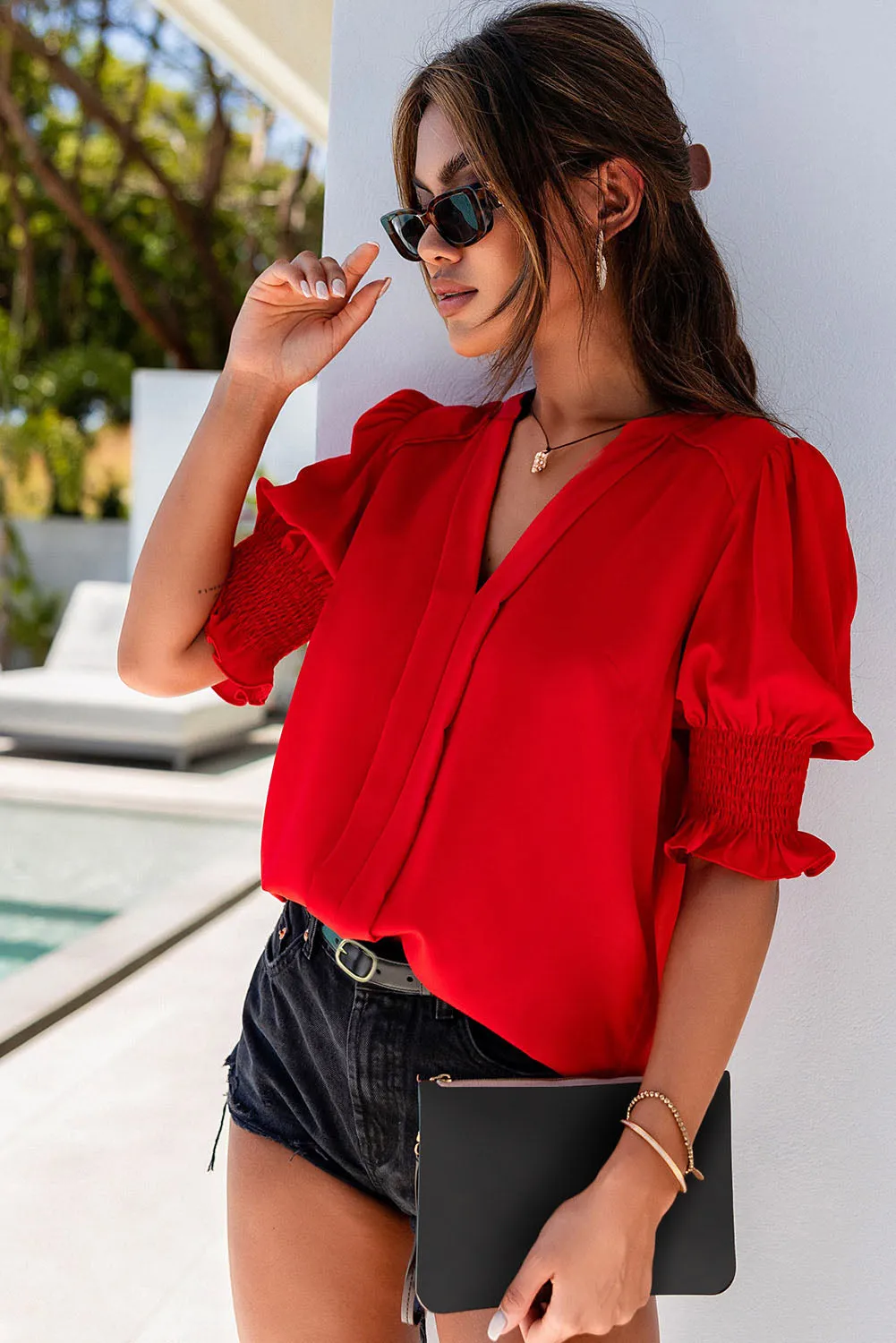 Solid Color Half Sleeve V Neck Blouse