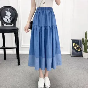 Solid Color Long Skirt High Waist Female Big Hem Casual Jean Skir Fashion Preppy Style Denim Tencel Midi Pleated Skirt Women