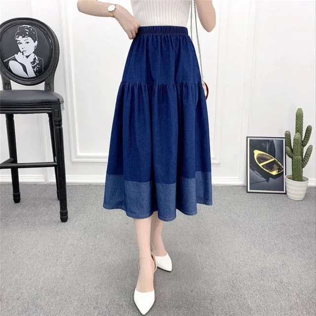 Solid Color Long Skirt High Waist Female Big Hem Casual Jean Skir Fashion Preppy Style Denim Tencel Midi Pleated Skirt Women