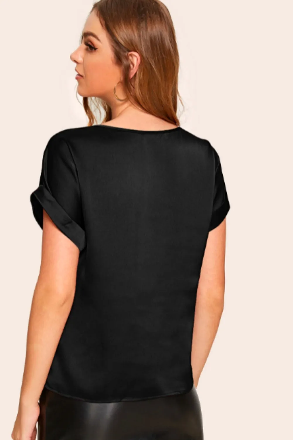 Solid Rolled Cuff Satin Top