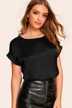 Solid Rolled Cuff Satin Top